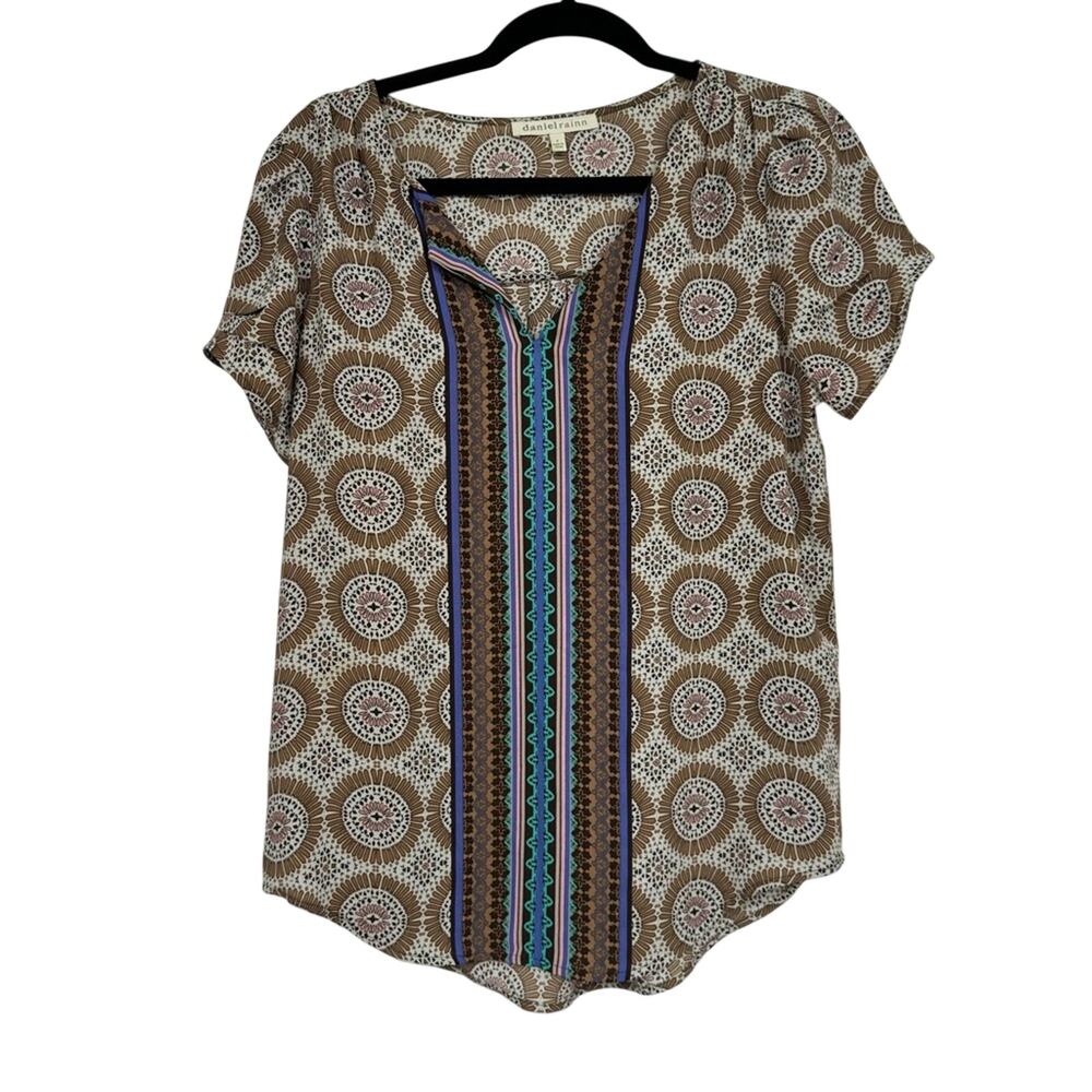 Daniel Rainn Tan & Blue Printed Blouse Womens S Boho Short Sleeve Casual Shirt